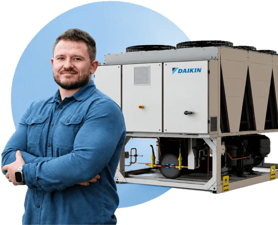 Nordic CWC engineer in front of an air-cooled chiller