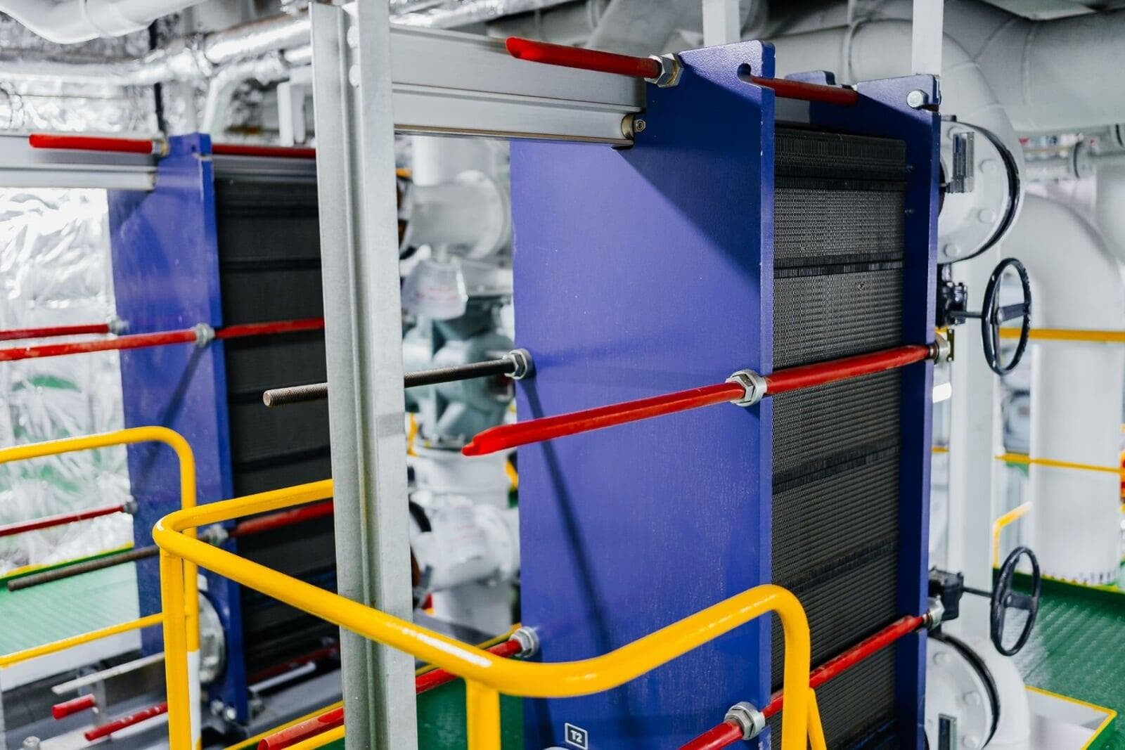 Seawater plate heat exchangers in an offshore plant room